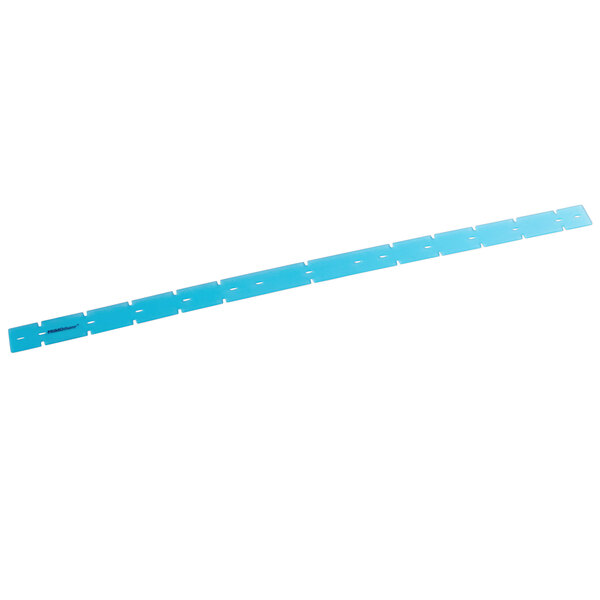 A blue plastic strip with holes on a white background.