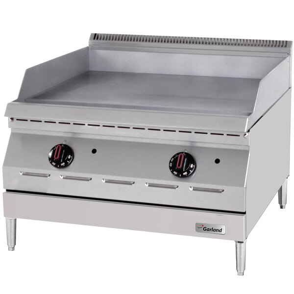 A Garland countertop gas griddle with thermostatic controls and two black knobs.