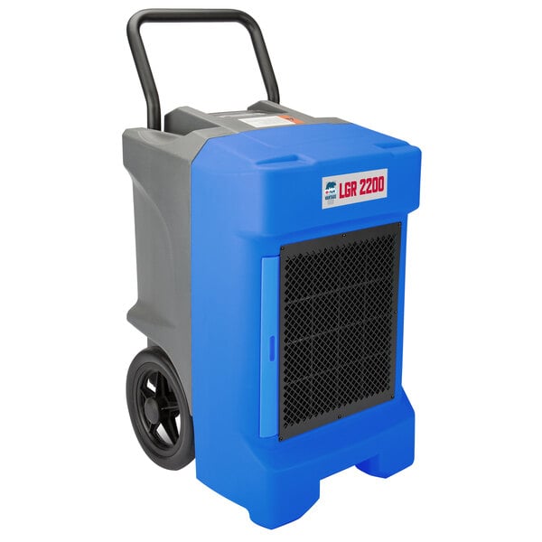 A blue and grey B-Air Vantage LGR dehumidifier with black wheels.