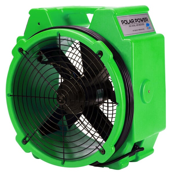 A green B-Air Polar Bear axial fan with black blades and a green handle.