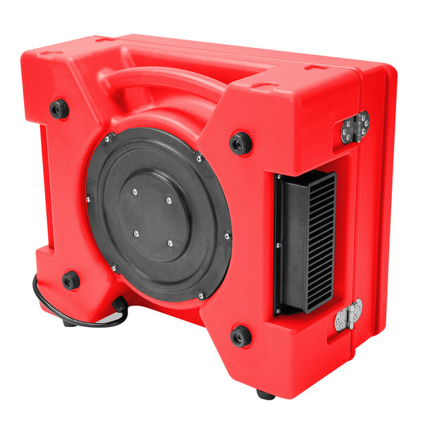 A red B-Air HEPA air scrubber with a black circle on it.