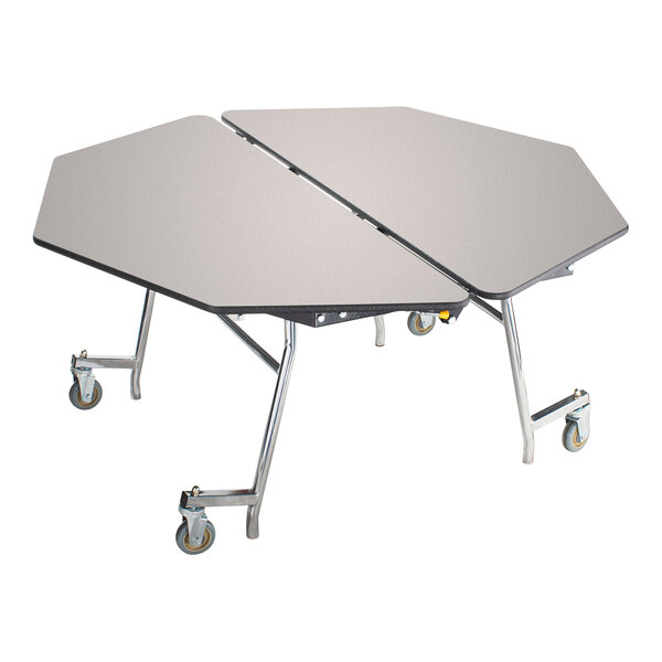 A National Public Seating octagonal cafeteria table with wheels and a grey top.