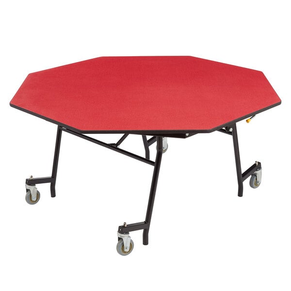 A red octagonal table with black metal legs.