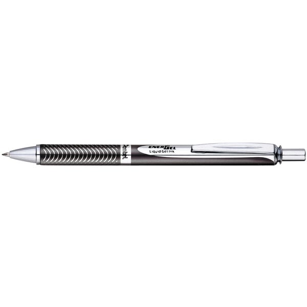 The tip of a Pentel EnerGel Alloy pen with a black and silver barrel.