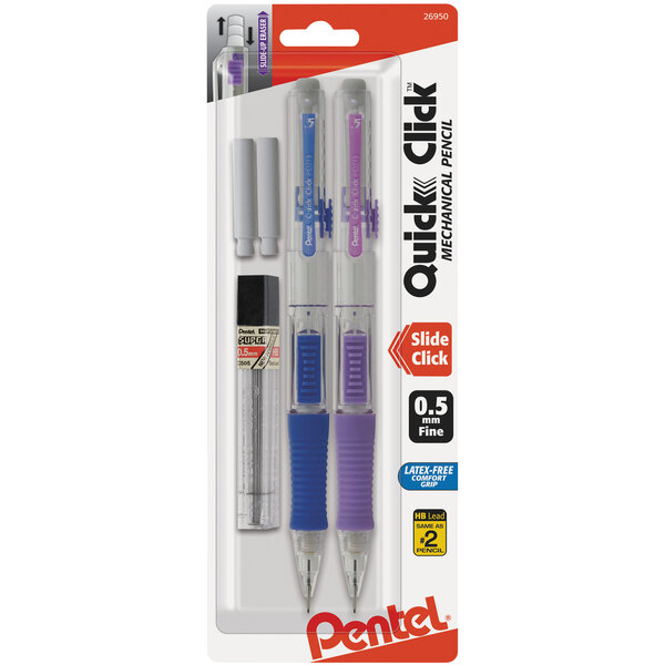 A close-up of a Pentel Quick Click mechanical pencil with a purple and blue barrel.