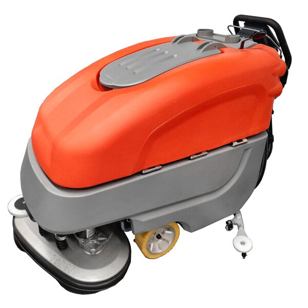 A Minuteman E30 walk behind floor scrubber with orange wheels.