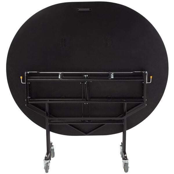 The back of a National Public Seating oval plywood cafeteria table with a white ProtectEdge.