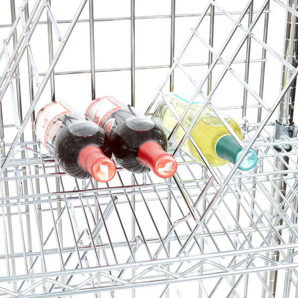 A 20 Case Metro Super Erecta wine rack filled with wine bottles on a metal rack.