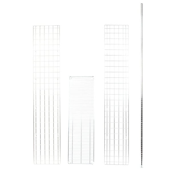 A set of metal grids and metal rods for wine storage.