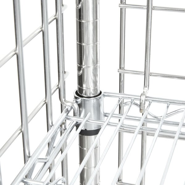 A white metal Metro wine rack with wire shelves and metal bars.