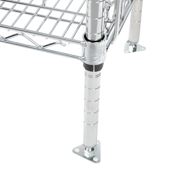 A chrome wire wine rack with metal shelves and rods.