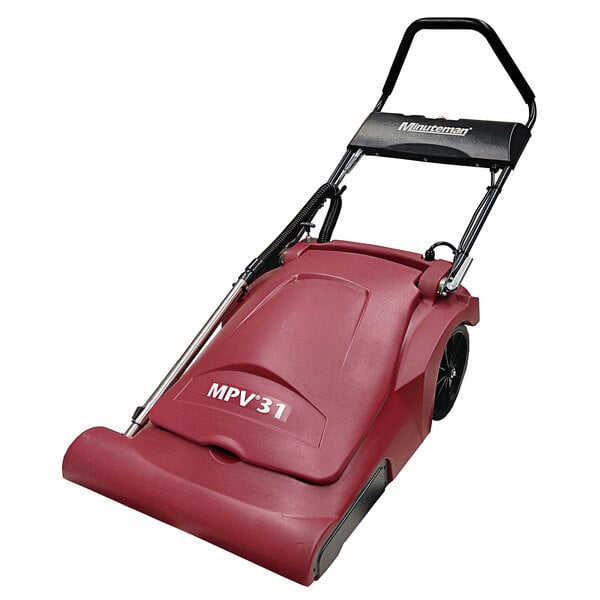 A Minuteman MPV-31 wide area carpet vacuum with black wheels and a black handle.