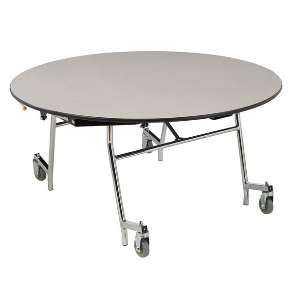 A white round National Public Seating cafeteria table with a black edge.