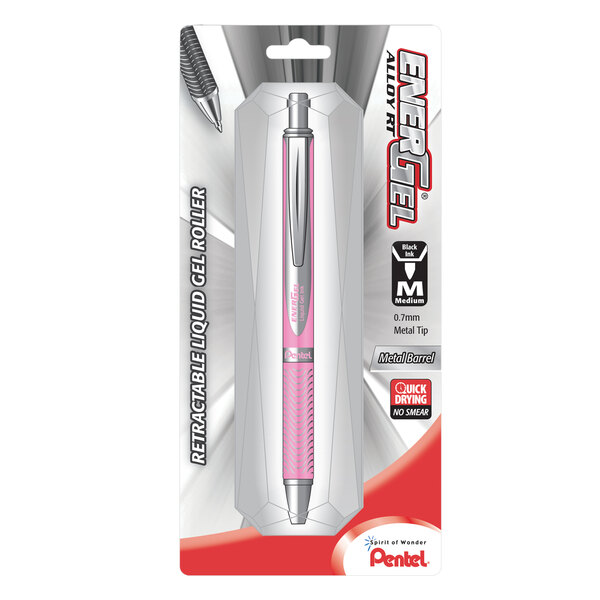 A package containing a Pentel EnerGel pink pen with a silver cap and metal clip.