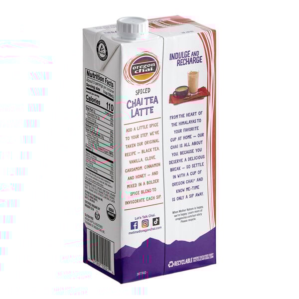 A 32 fl. oz. carton of Oregon Chai Organic Spiced Chai Tea Latte 1:1 concentrate.
