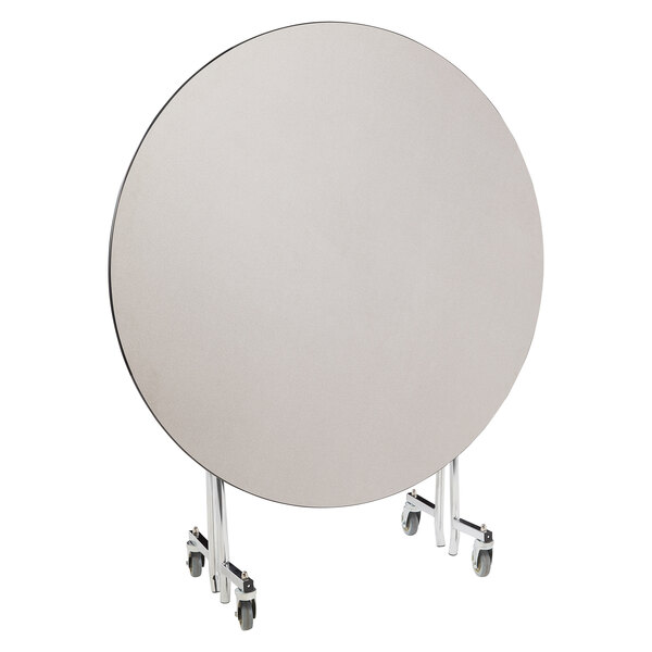 A white round National Public Seating cafeteria table with a silver metal frame.