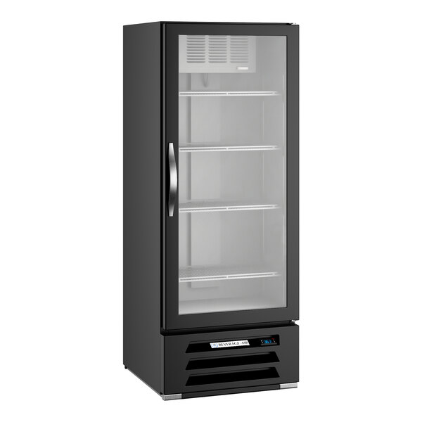 A black refrigerated glass door merchandiser with LED lighting and multiple shelves.