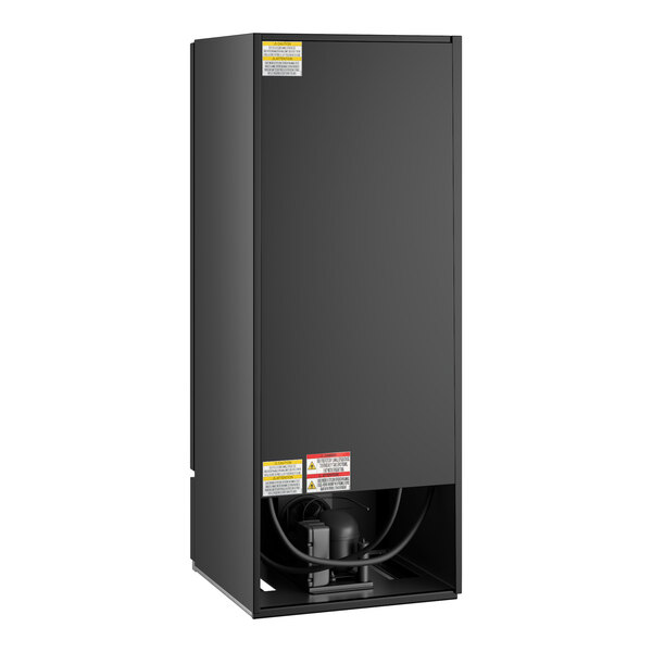 A black refrigerated glass door merchandiser with LED lighting designed for displaying beverages.