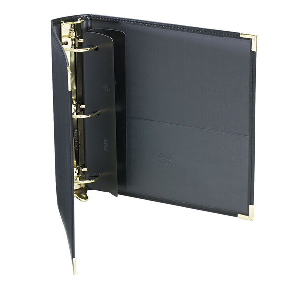 A close-up of a black Samsill Classic Collection binder with gold accents.