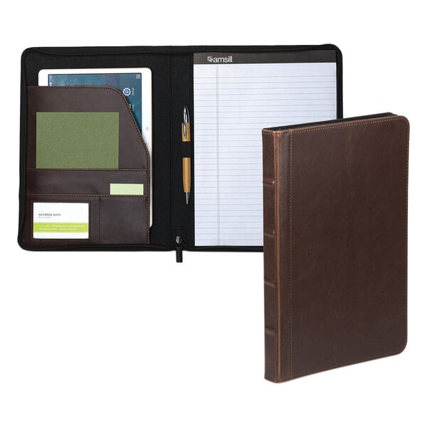 A dark brown leather zipper portfolio with a tablet and pen inside.