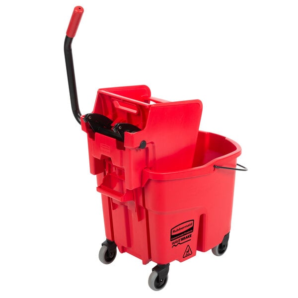 A Rubbermaid red WaveBrake mop bucket with a handle.
