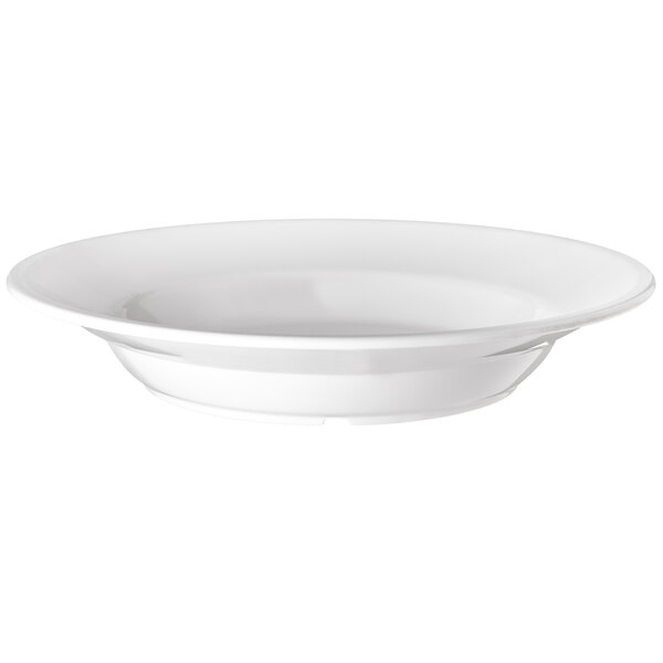 A close up of a white Carlisle polycarbonate soup bowl.