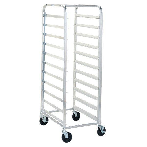 A Metro sheet pan rack with wheels.