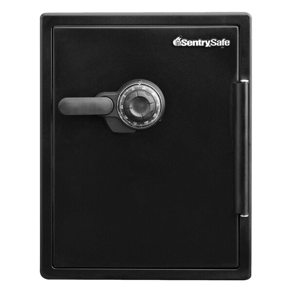 A black SentrySafe fire and water safe with a combination lock.