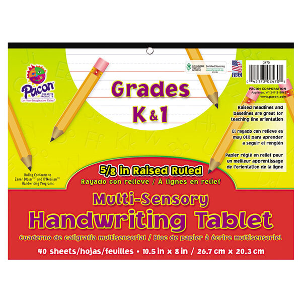 A yellow and green box of Pacon Multi-Sensory Raised Ruled White Paper Tablets.