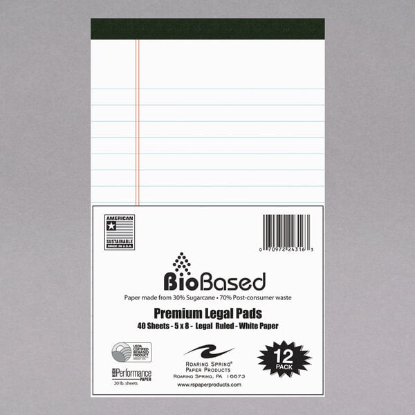 Roaring Spring 24316 Usda Certified Bio Preferred 5 X 8 Legal Ruled White Micro Perforated Legal Pad 12 Pack