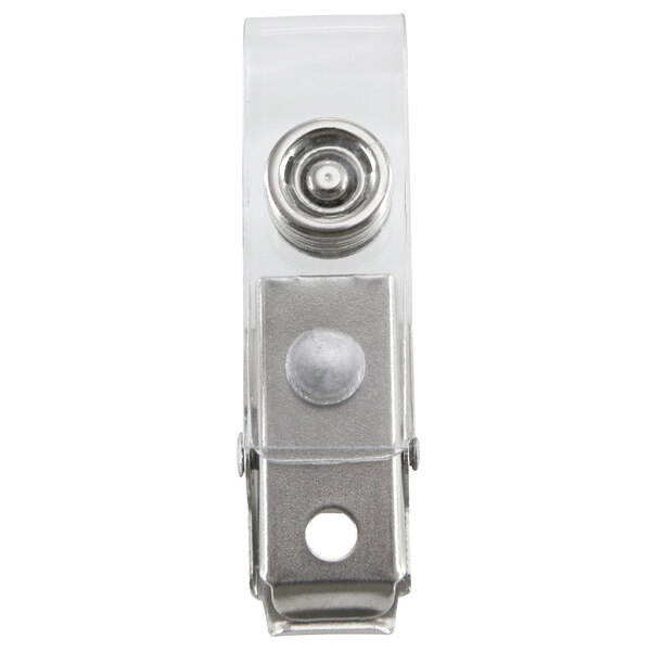 A clear plastic Sicurix ID strap clip with a round metal object.