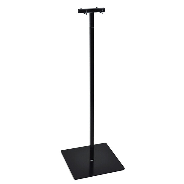 A black stand with a metal pole and a black square object.