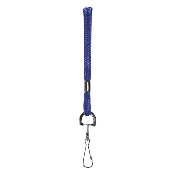 A BaumGartens blue nylon rope-style lanyard with a metal hook.