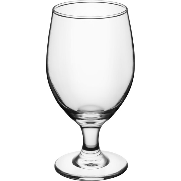 An Acopa clear glass goblet with a stem.