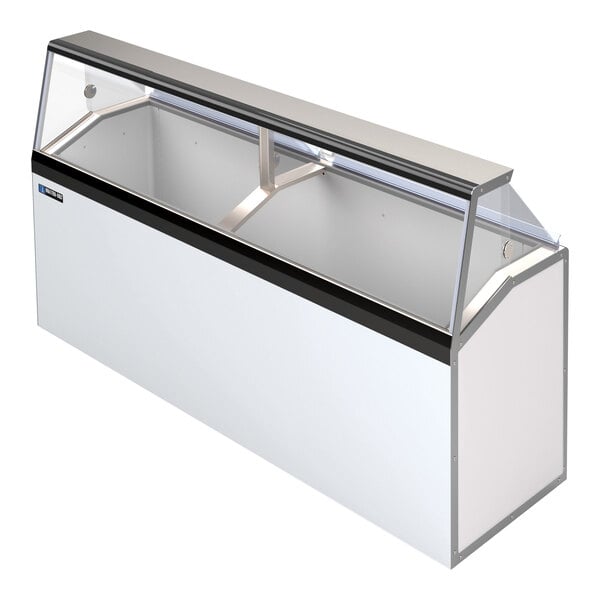 A white and silver Master-Bilt ice cream dipping cabinet with a glass top on a counter.