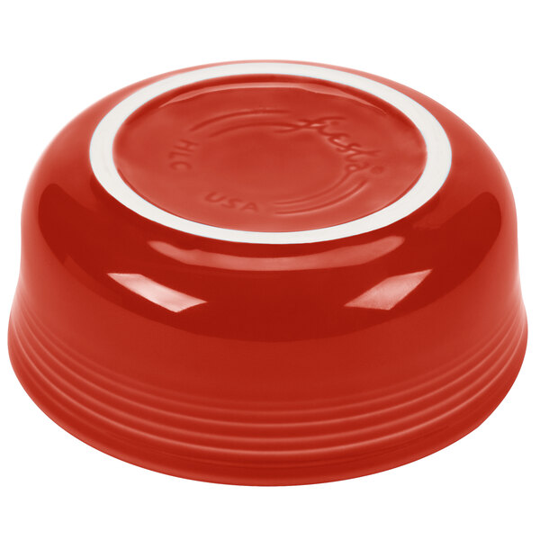 A red Fiesta chowder bowl with a white rim.