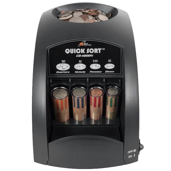 A black Royal Sovereign coin counting machine sorting coins.