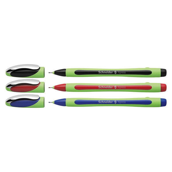 A group of three Stride Schneider Xpress Fineliner pens with assorted colors and caps.