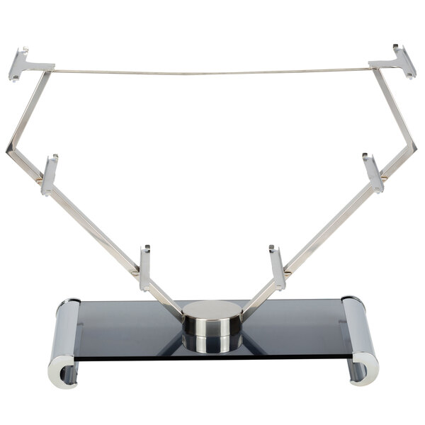 A Bon Chef metal and glass display stand with a thin metal frame on metal rods.