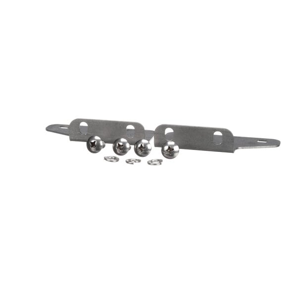A pair of metal Follett Corporation door hinges with screws and nuts.