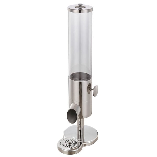 A silver stainless steel Bon Chef single canister cereal dispenser with a clear cylinder.