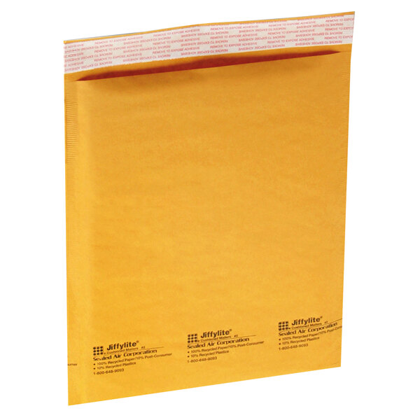 A close-up of a yellow Jiffylite envelope with black text.