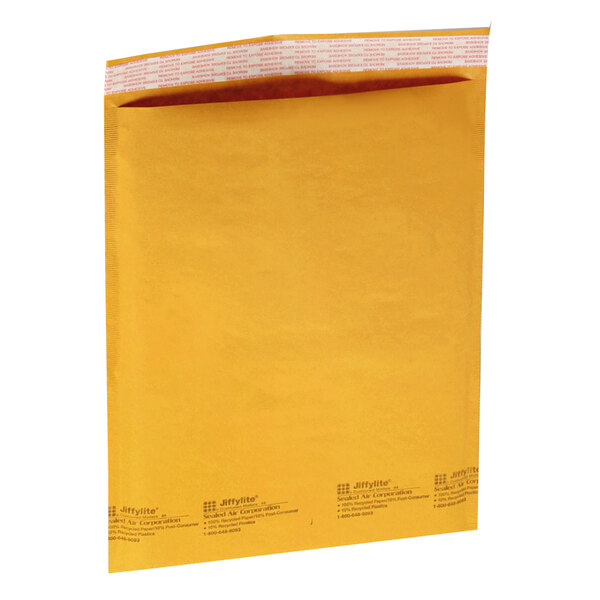 A close-up of a yellow Jiffylite envelope with red text.