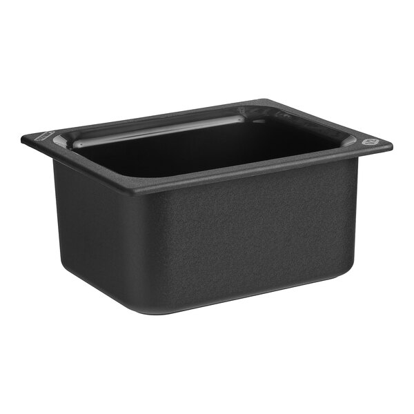 A Carlisle black plastic food pan with a lid.