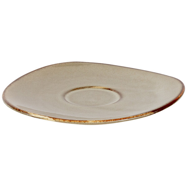 A white porcelain Bon Chef Tavola Harbour espresso saucer with a brown and gold rim.