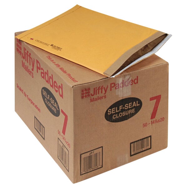 A brown box of Jiffy padded #7 mailers with a yellow label.