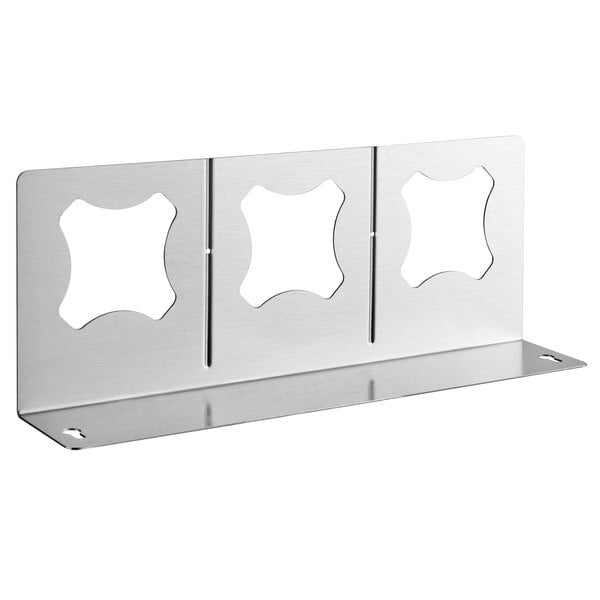 A silver metal frame with three holes.