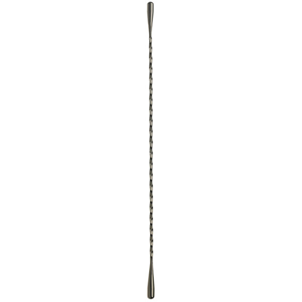 A long metal Barfly stainless steel double end stirrer with a gun metal black finish.