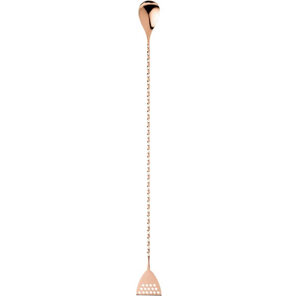 A copper-plated stainless steel Barfly bar spoon with a long handle.