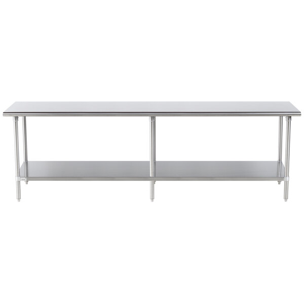 A long stainless steel Advance Tabco work table with an undershelf.